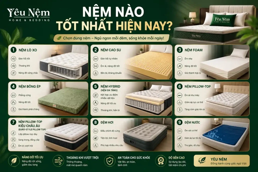 Nệm nào tốt nhất hiện nay? So sánh 9 dòng nệm mới nhất 2026 2 loại nệm phổ biến nhất trên thị trường hiện nay
