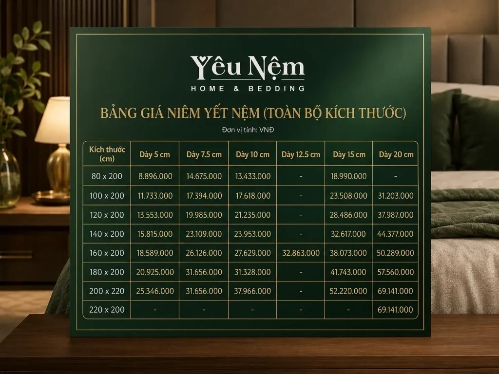 Bảng giá niêm yết nệm Kymdan Deluxe theo hãng mới nhất năm 2026: