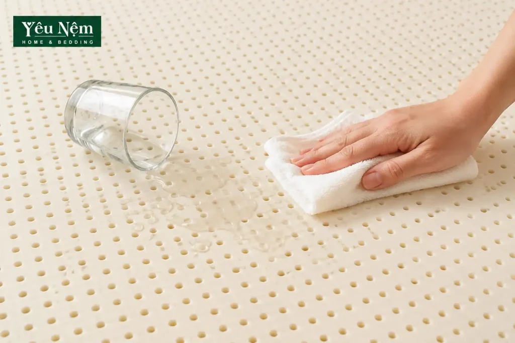 Cách vệ sinh và bảo quản nệm Kymdan bền đẹp trên 25 năm 9 Khi nệm bị ướt, cần phải lấy khăn khô thấm cho hết nước 1 cách kĩ càng