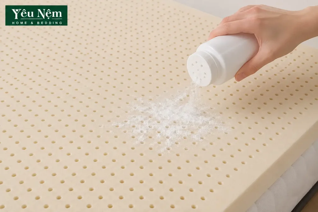 Cách vệ sinh và bảo quản nệm Kymdan bền đẹp trên 25 năm 11 Rắc phấn rôm lên nệm để khử mùi hôi sau khi nệm bị ướt