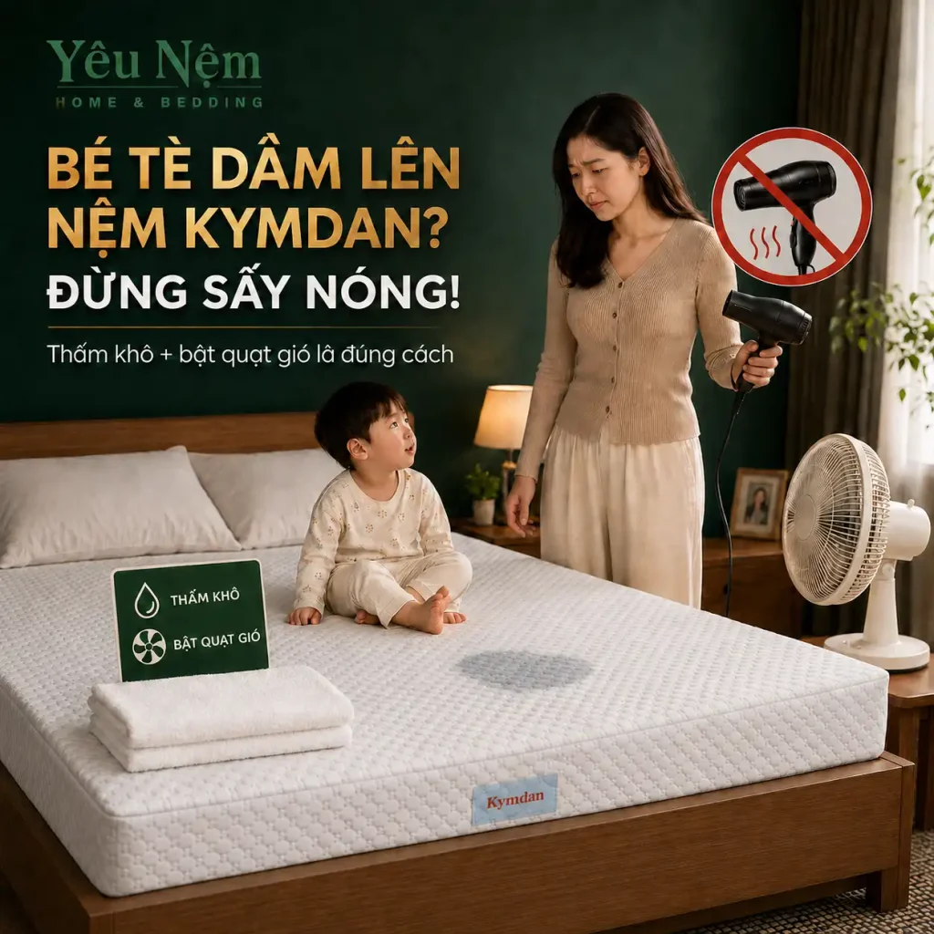 Dùng nệm Kymdan cho trẻ em có phù hợp không? Cách Chọn Nệm An Toàn Cho Bé 4 Để xử lý nệm Kymdan khi bé tè dầm, bạn tuyệt đối không đem nệm ra phơi nắng hay dùng máy sưởi.