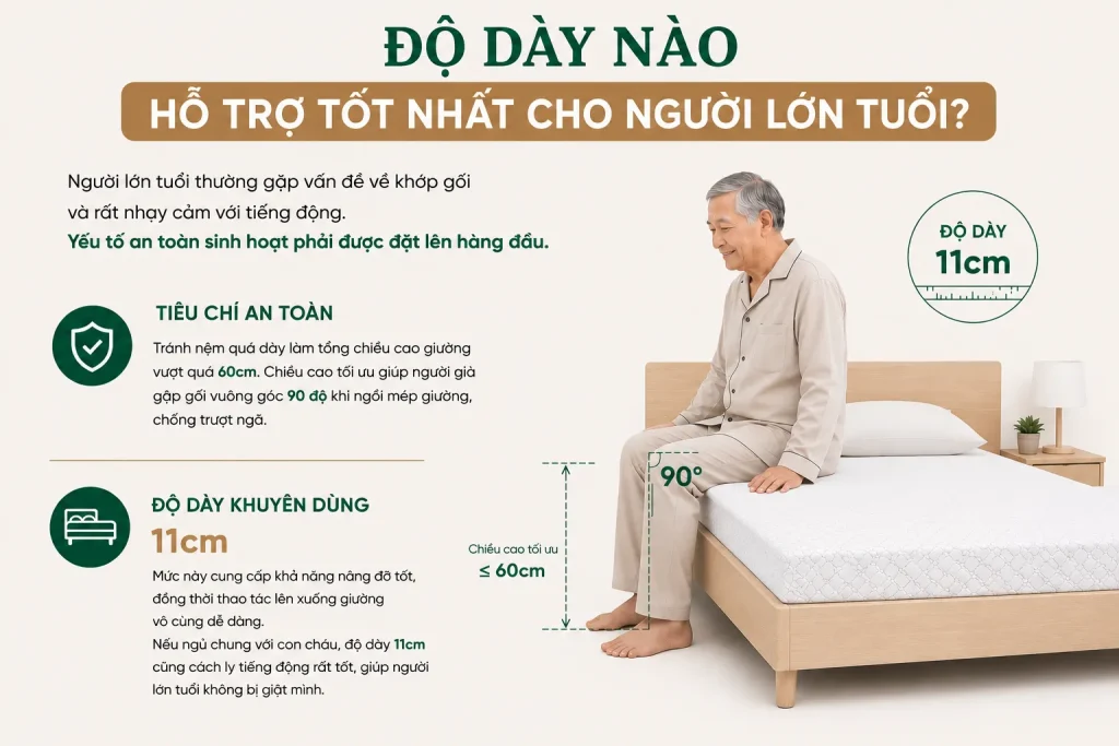 Cách chọn độ dày nệm Kymdan Massage nằm thoải mái nhất. So Sánh 6cm Đến 21cm 6 Độ dày nệm Kymdan Massage nào hỗ trợ tốt nhất cho người lớn tuổi?