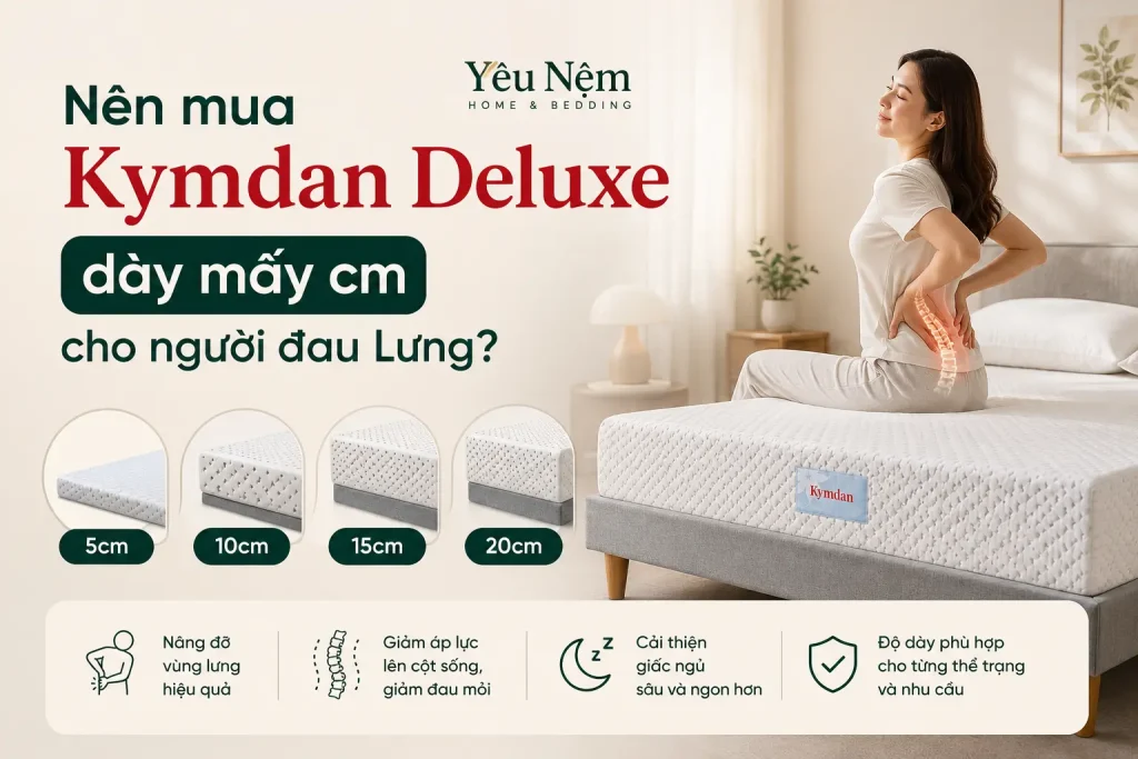 Nệm Kymdan Deluxe độ dày nào tốt: 5cm, 10cm, 15cm hay 20cm? 2 Người đau lưng nên chọn nệm Kymdan bao nhiêu cm?