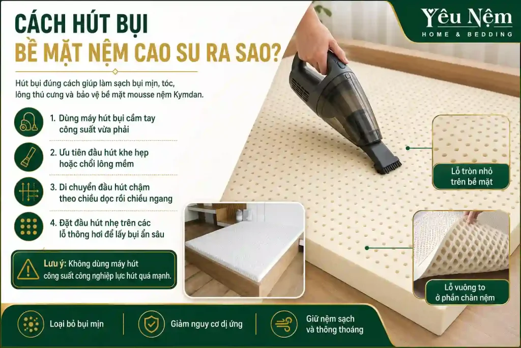 Cách vệ sinh và bảo quản nệm Kymdan bền đẹp trên 25 năm 7 Cách hút bụi bề mặt nệm cao su ra sao?