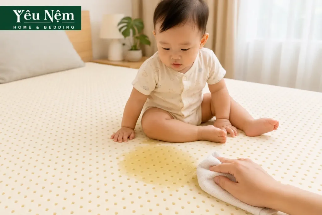 Cách vệ sinh và bảo quản nệm Kymdan bền đẹp trên 25 năm 10 Trẻ tè dầm lên nệm làm nệm bị ướt