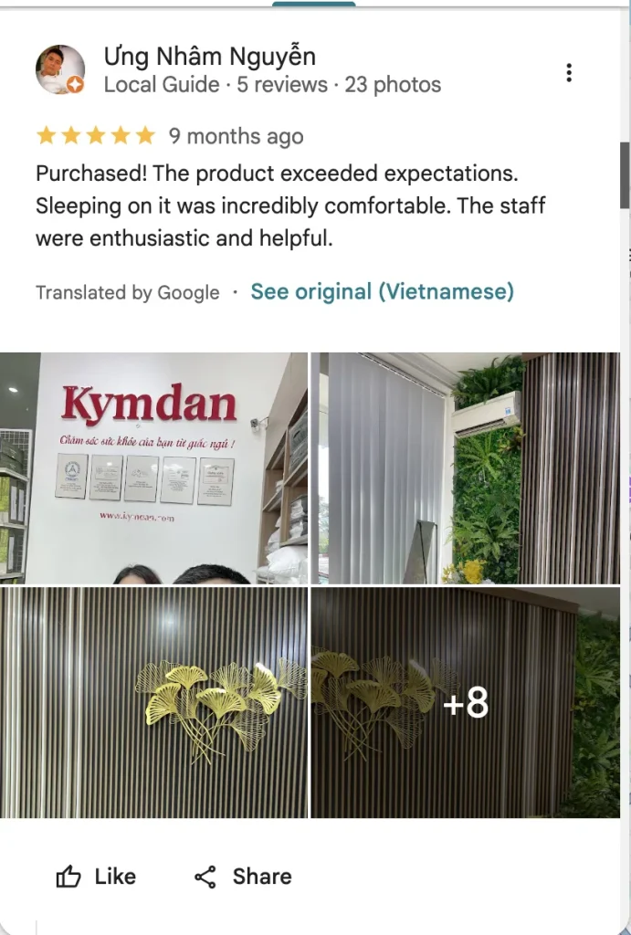 Mua nệm Kymdan chính hãng Hà Nội ở đâu? Địa chỉ showroom và bảng giá 2026 11 📸 Ảnh chụp từ review Yêu Nệm từ Google Maps
