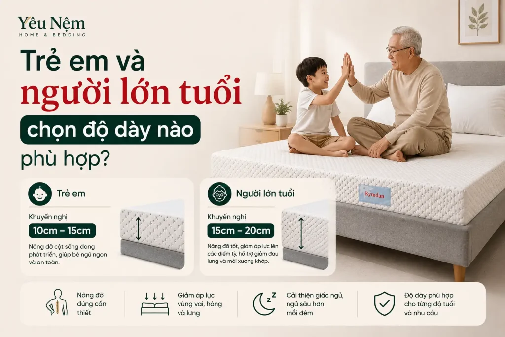 Nệm Kymdan Deluxe độ dày nào tốt: 5cm, 10cm, 15cm hay 20cm? 3 Chọn độ dày nệm Kymdan Deluxe cho Trẻ em và Người lớn tuổi