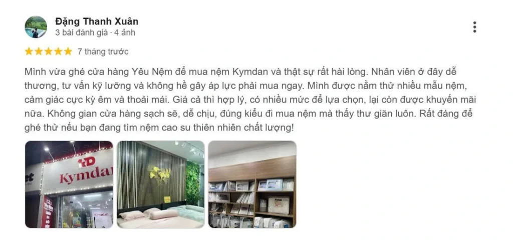 Feedback của chị Đặng Thanh Xuân: nhân viên tư vấn kỹ, không gây áp lực mua ngay, được nằm thử nhiều mẫu, không gian sạch đẹp, giá hợp lý, có khuyến mãi. Rất hợp để đặt sau đoạn nói về showroom trải nghiệm thực tế.