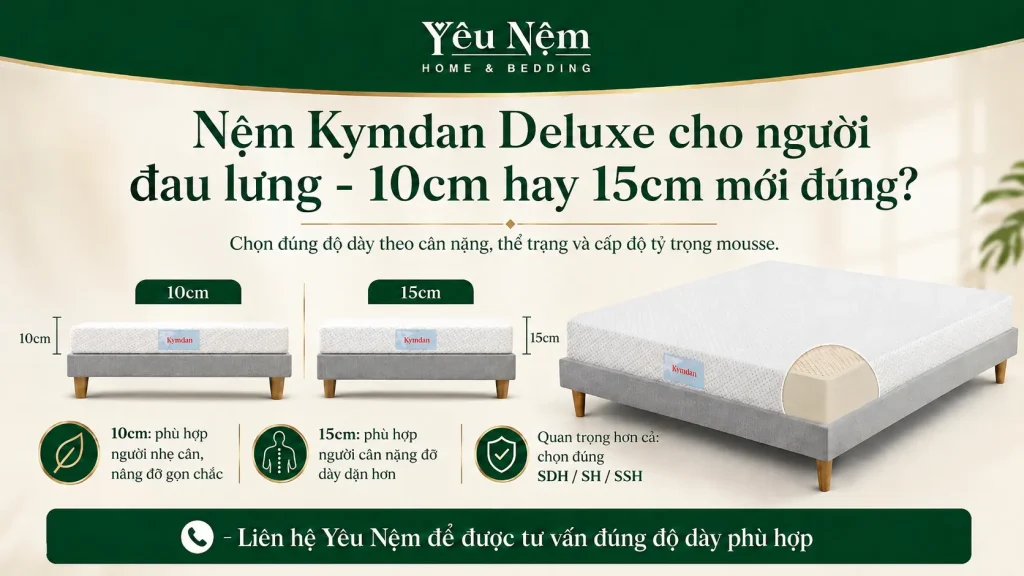 Nệm Kymdan Deluxe cho người đau lưng - 10cm hay 15cm mới đúng?