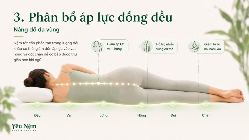Nệm Tốt Cho Người Đau Lưng — 5 Tiêu Chí Vàng Để Chọn Đúng 6 3. Khả năng phân bổ áp lực của nệm tốt cho người đau lưng đồng đều (Nâng đỡ đa vùng)