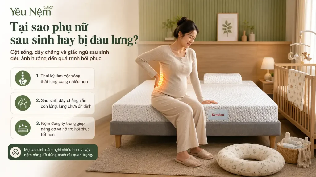 Nệm Cho Phụ Nữ Sau Sinh Đau Lưng: Chọn Loại Nào Để Lưng Phục Hồi Nhanh? 3 Đau lưng sau sinh không phải chuyện hiếm gặp thực tế, có đến hơn 50% phụ nữ tiếp tục bị đau lưng trong nhiều tháng sau khi sinh, thậm chí kéo dài đến cả năm nếu không được chăm sóc đúng cách