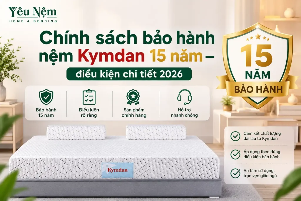 Chính sách bảo hành nệm Kymdan 15 năm — điều kiện chi tiết 2026 1 Chính sách bảo hành nệm Kymdan 15 năm — điều kiện chi tiết 2026