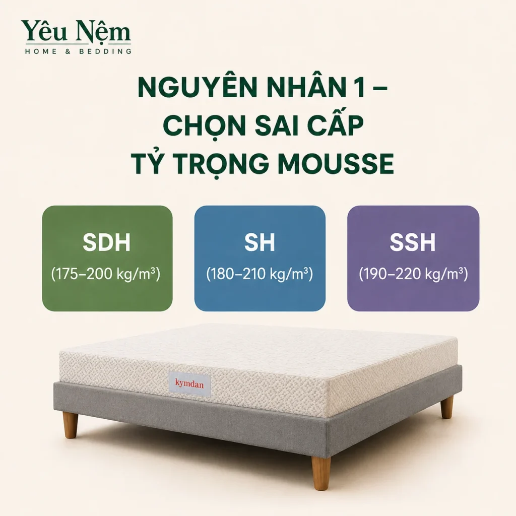Dùng Nệm Kymdan Bao Lâu Thì Hết Đau Lưng? Chia Sẻ Thực Tế 5 Nguyên nhân 1 — Chọn sai cấp tỷ trọng mousse