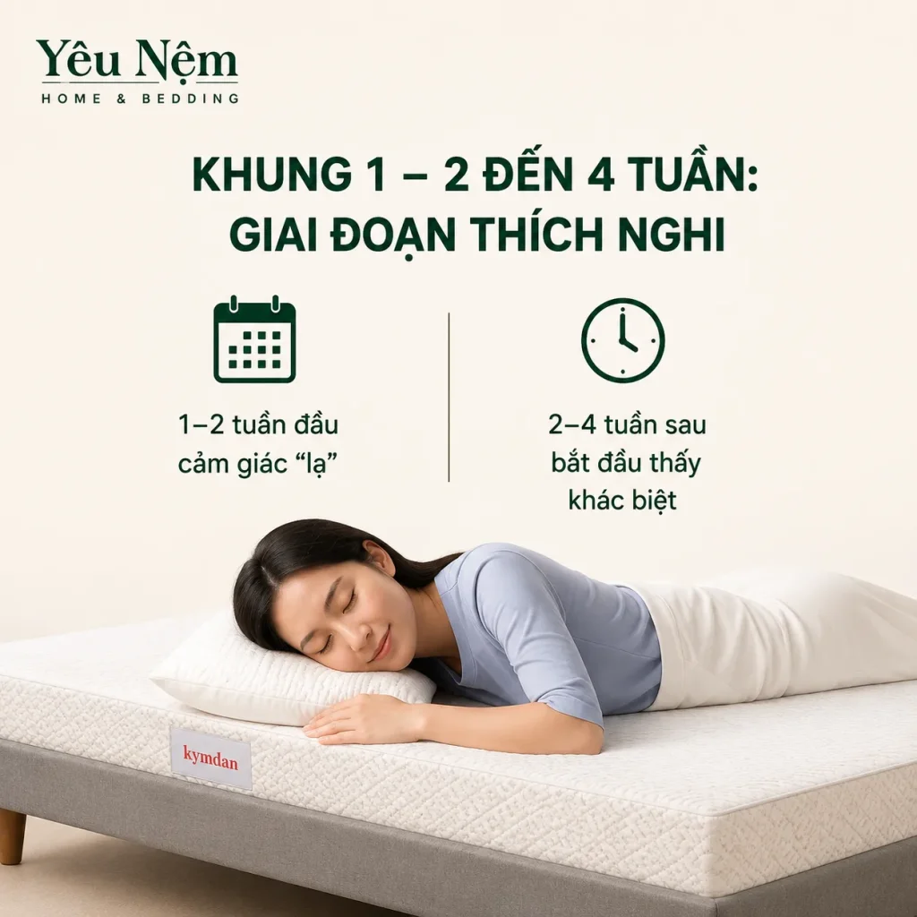 Dùng Nệm Kymdan Bao Lâu Thì Hết Đau Lưng? Chia Sẻ Thực Tế 2 Khung 1 — 2 đến 4 tuần đầu: Giai đoạn thích nghi