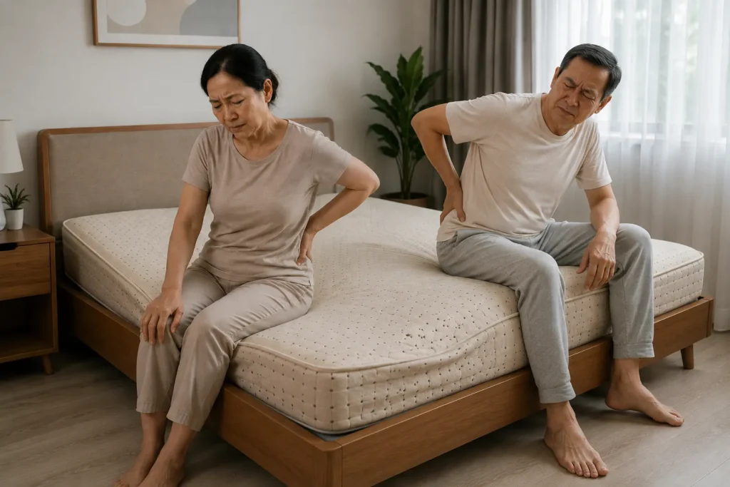 Quà Vu Lan Cho Bố Mẹ Đau Lưng: Vì Sao Nên Chọn Nệm Kymdan Deluxe? 2 Một bề mặt nệm bị lún, võng, quá mềm hay quá cứng cũng có thể khiến vùng lưng dưới, hông và vai dễ khó chịu hơn khi nằm lâu