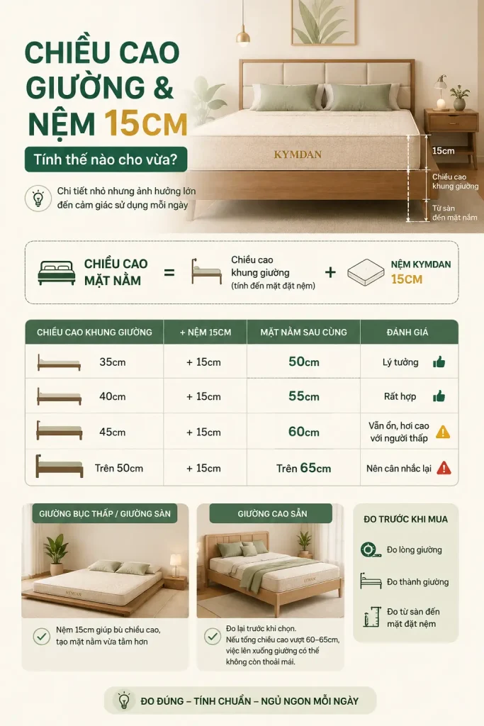 Chọn Nệm Kymdan 15cm Thế Nào Để Hợp Với Giường Nhất? 4 Cách tính Chiều Cao Giường Và Nệm 15cm