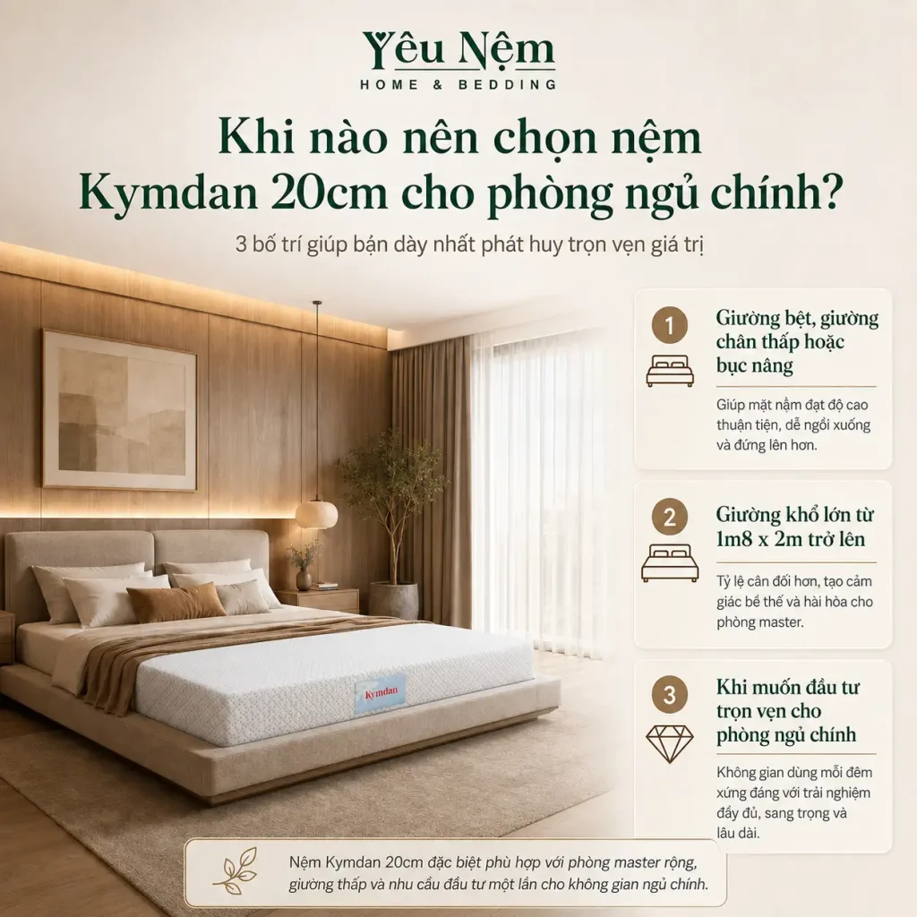 Nệm Kymdan 20cm Cho Phòng Ngủ Master: Khi Nào Nên Chọn Bản Dày Nhất? 6 Khi nào nên chọn nệm Kymdan 20cm phù hợp với phòng ngủ chính?