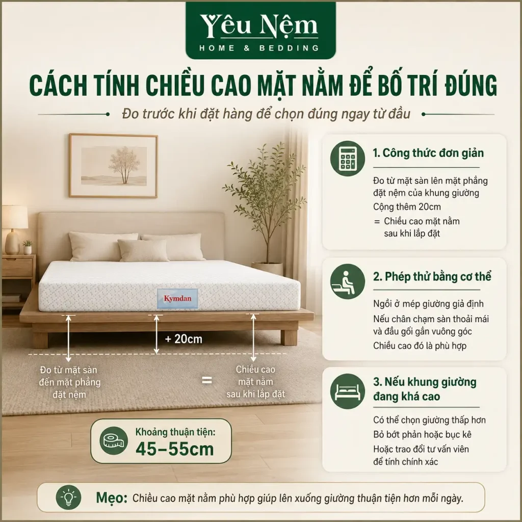 Nệm Kymdan 20cm Cho Phòng Ngủ Master: Khi Nào Nên Chọn Bản Dày Nhất? 8 Cách tính chiều cao mặt nằm để bố trí đúng