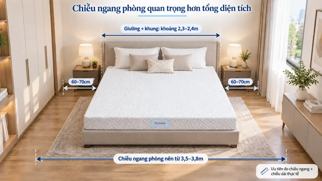 Những Thiết Kế Và Kích Thước Phòng Ngủ Nào Hợp Với Nệm Kymdan 2m2? 3 Chiều ngang phòng quan trọng hơn tổng diện tích