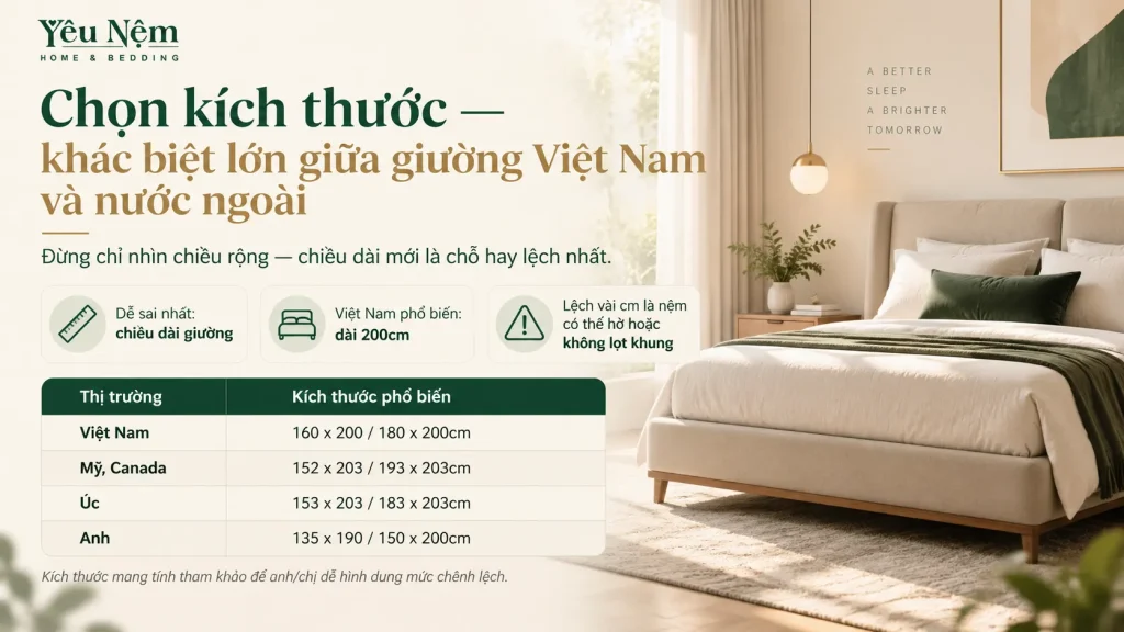 Vì Sao Nhiều Việt Kiều Tìm Mua Nệm Kymdan Từ Việt Nam — Và Cần Chuẩn Bị Gì? 2 Chọn kích thước — khác biệt lớn nhất giữa giường Việt Nam và nước ngoài
