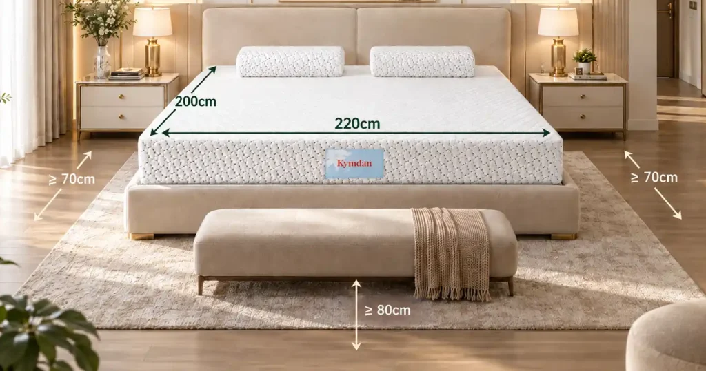 Những Thiết Kế Và Kích Thước Phòng Ngủ Nào Hợp Với Nệm Kymdan 2m2? 2 Nệm Kymdan 2m2 cần được tính cùng kích thước khung giường và lối đi thực tế trong phòng.