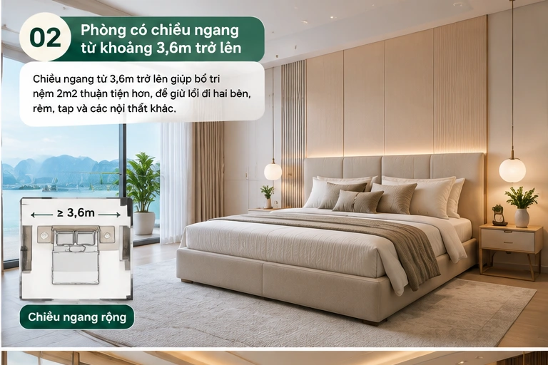 Những Thiết Kế Và Kích Thước Phòng Ngủ Nào Hợp Với Nệm Kymdan 2m2? 5 Phòng có chiều ngang từ khoảng 3,6m trở lên