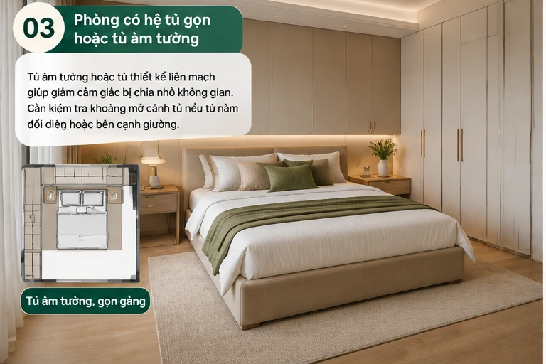Những Thiết Kế Và Kích Thước Phòng Ngủ Nào Hợp Với Nệm Kymdan 2m2? 6 Phòng có hệ tủ gọn hoặc tủ âm tường