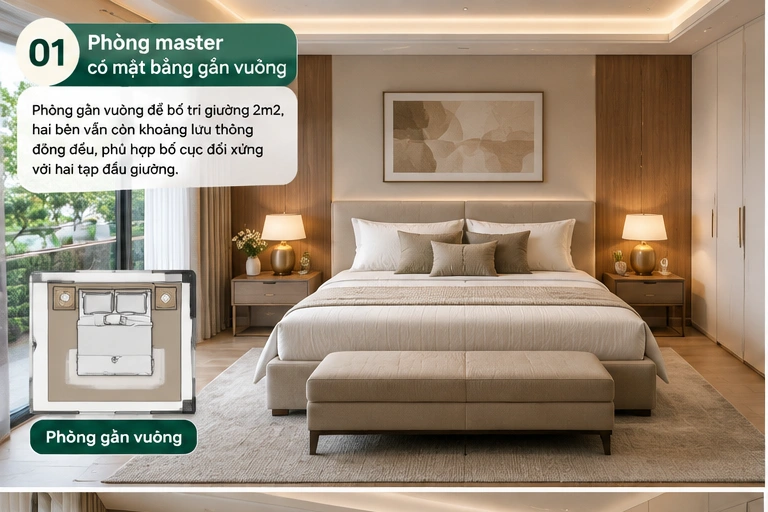 Những Thiết Kế Và Kích Thước Phòng Ngủ Nào Hợp Với Nệm Kymdan 2m2? 4 Phòng master có mặt bằng gần vuông